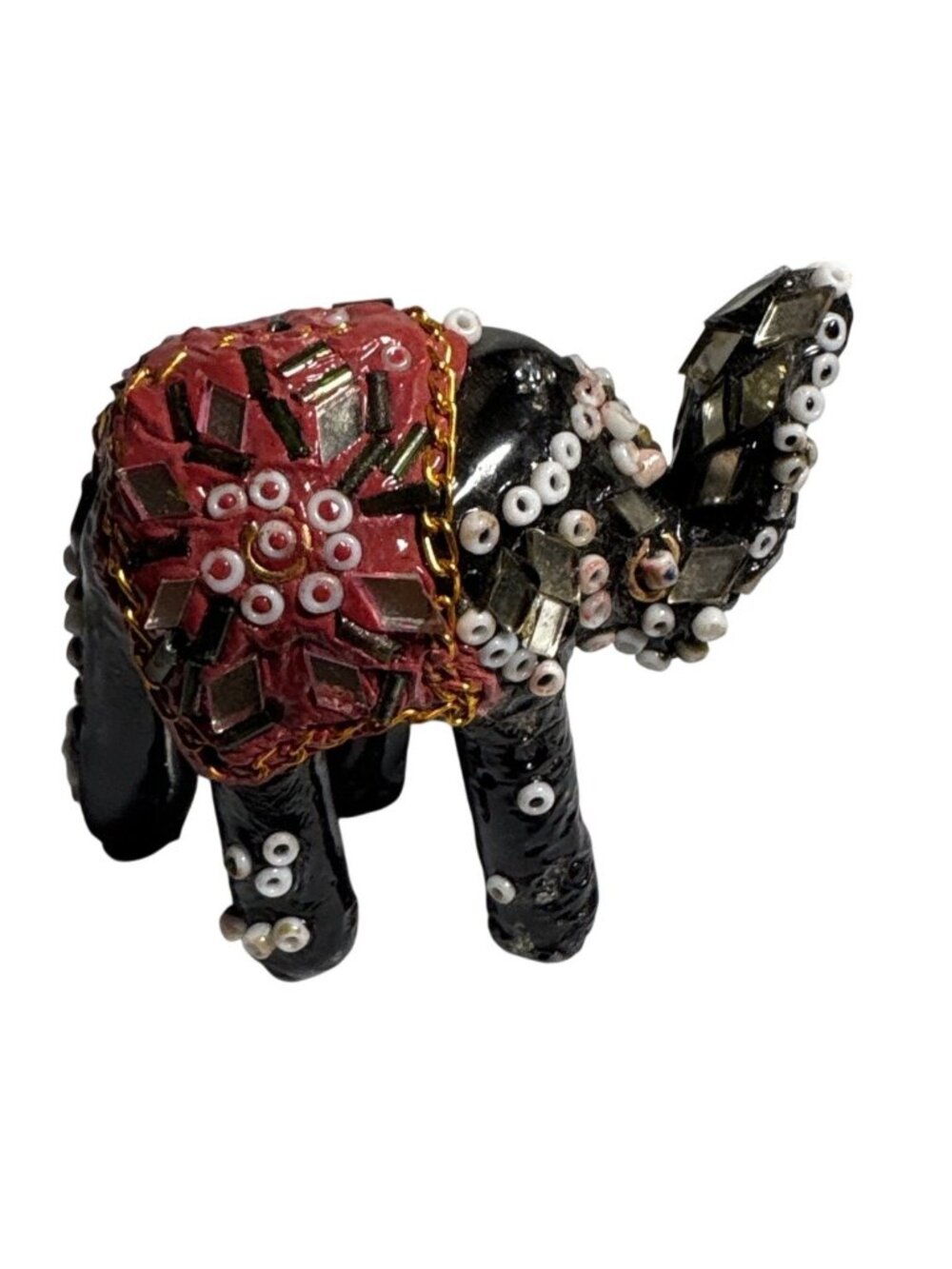 Handcrafted Elephant Figurine Black Ceramic Beaded & Mirrored Accents India Styl